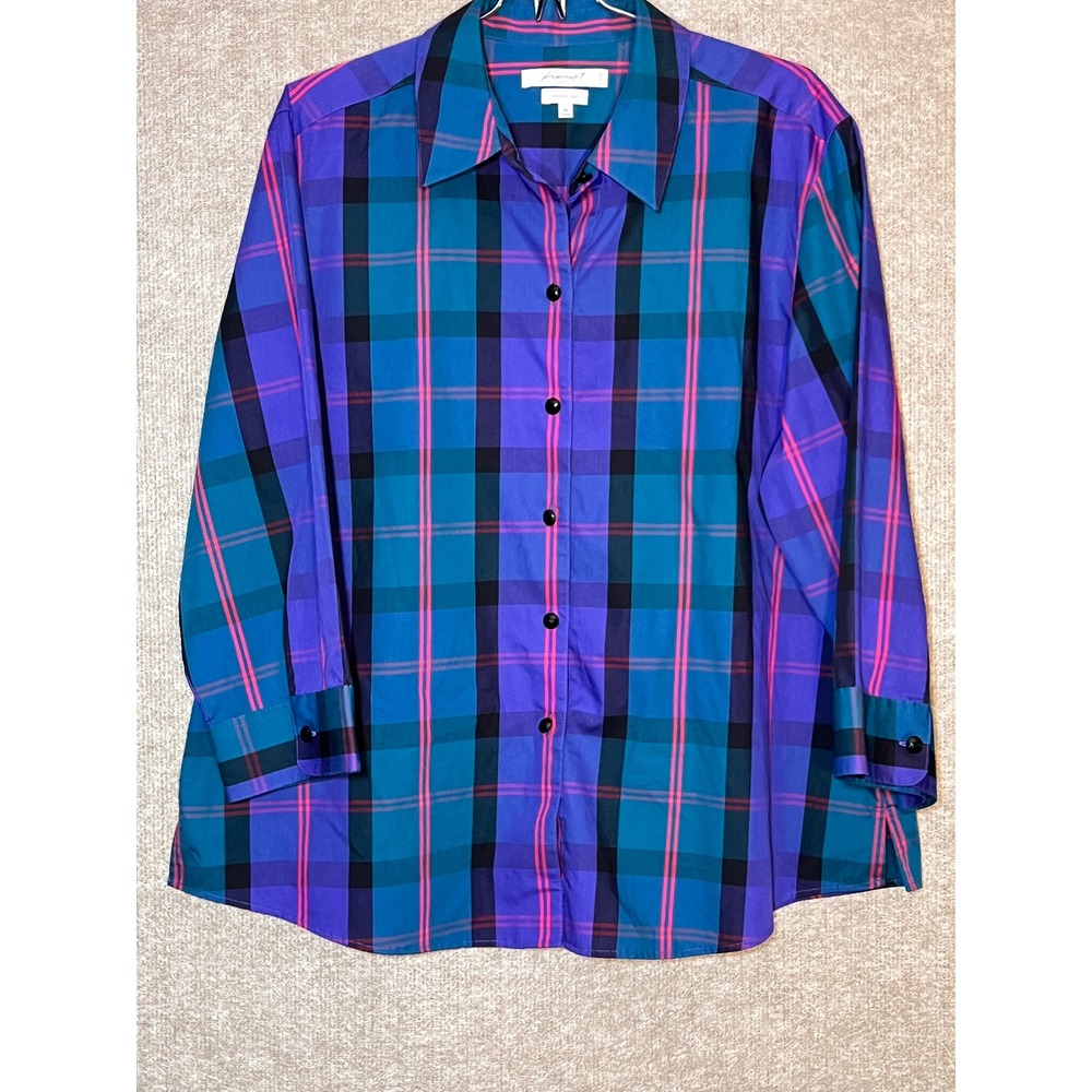 Foxcroft Button Up Shirt Women 18 Plaid Wrinkle Free Shaped Career Preppy